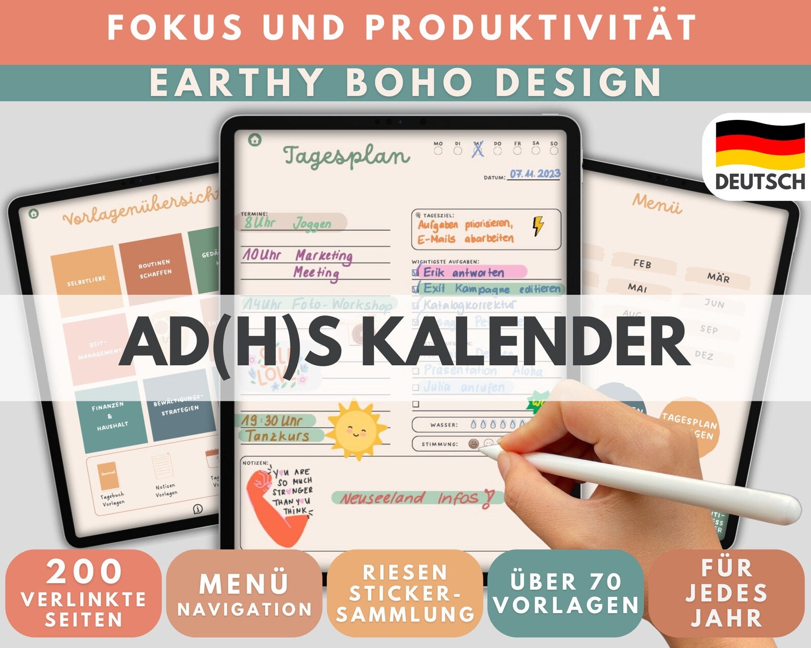 ADHS Digitaler Kalender Tagesplaner BOHO VINTAGE - Zeitmanagement für Erwachsene für Apple, Android - GoodNotes, Notability, Xodo, Flexcil